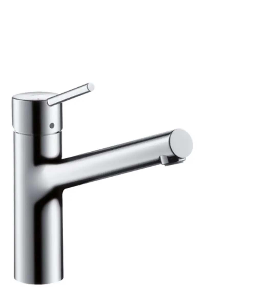 Chromfarbener Spültischmischer von Hansgrohe mit schmalem Auslauf und einem Hebel zur Temperaturregulierung. Einfaches Design ohne sichtbare Verzierungen.